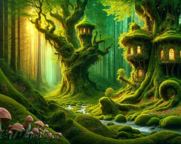 Serene forest scene with whimsical treehouses and stream