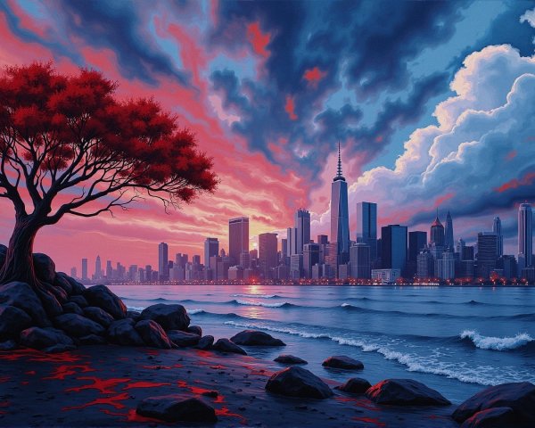 Stylized City Skyline at Dusk with Vibrant Colors