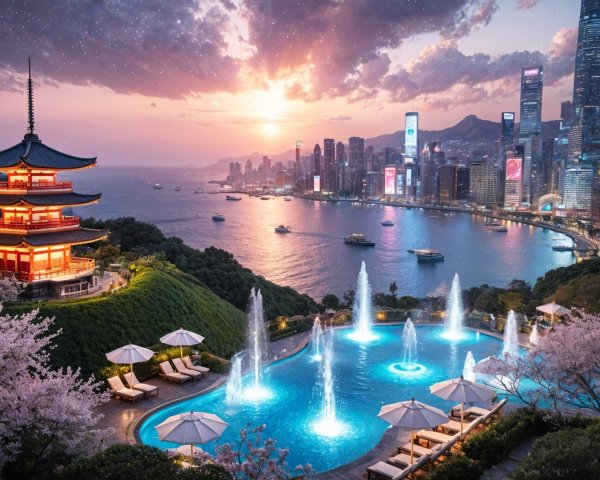 Vibrant City Skyline at Sunset with Pagoda and Pool