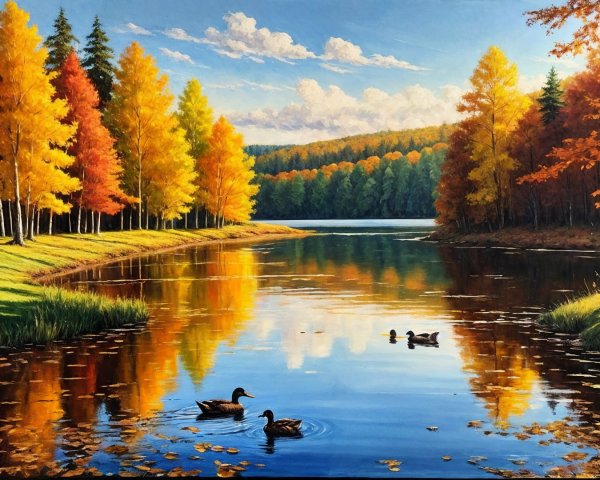 Autumn Landscape with River and Colorful Foliage