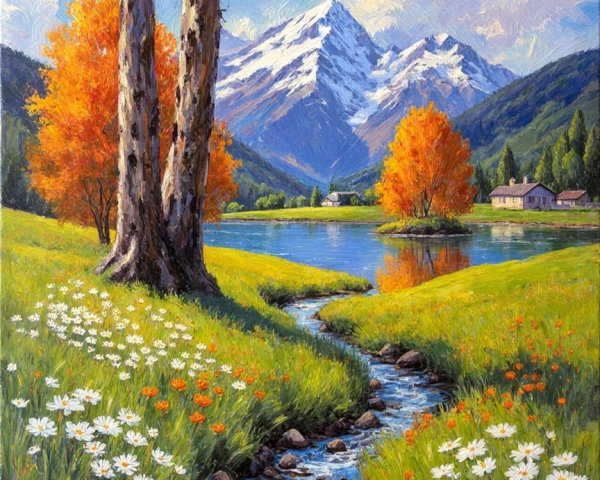 Vibrant Landscape with Mountains, Lake, and Autumn Foliage