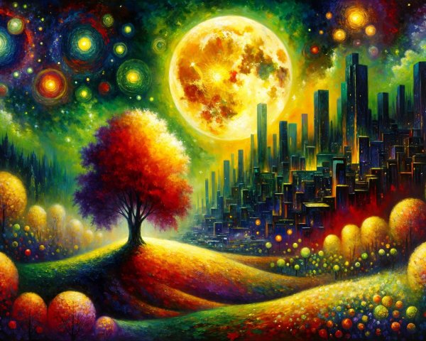 Surreal Landscape with Futuristic City and Bright Moon
