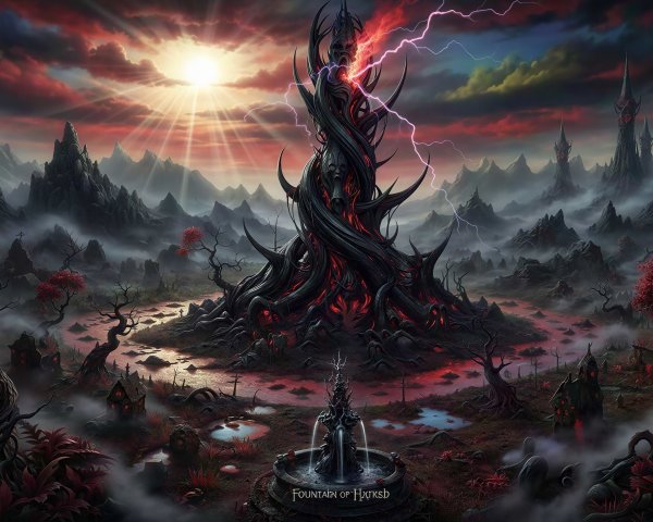 Dark Ominous Landscape with Twisted Tree Structure