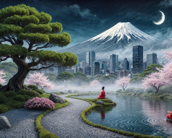 Tranquil Pond with Cherry Blossoms and Mount Fuji