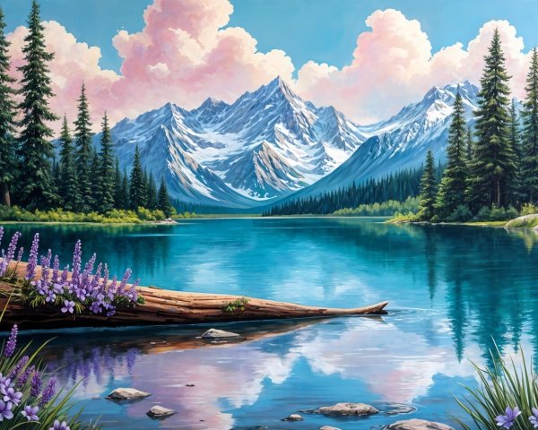 Tranquil Lake Surrounded by Snow-Capped Mountains