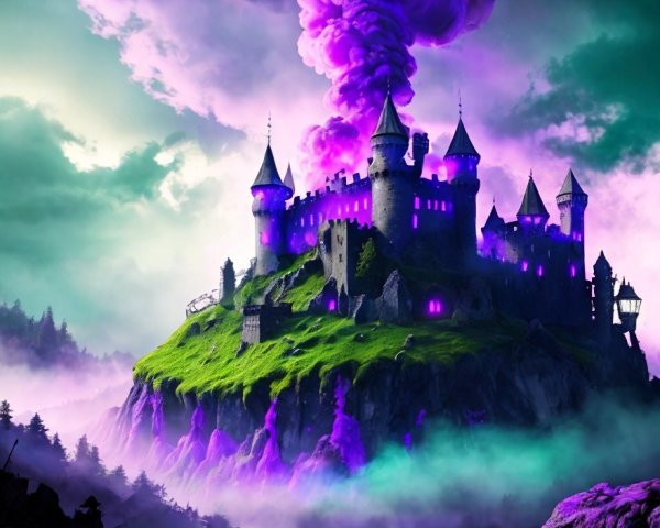 Majestic castle on craggy cliff with glowing purple lights and mysterious smoke