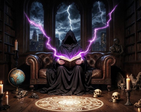 Hooded Figure in Dim Library with Lightning Book