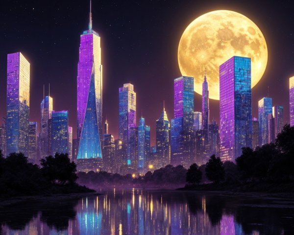 Urban skyline at night with vibrant colors and moonlight