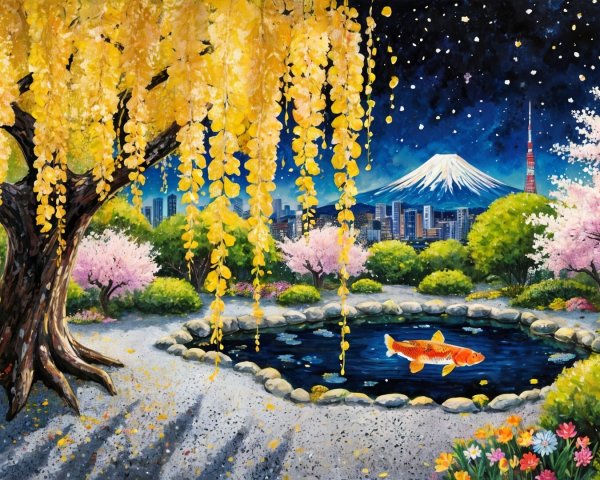Serene garden with willow tree, cherry blossoms, and pond