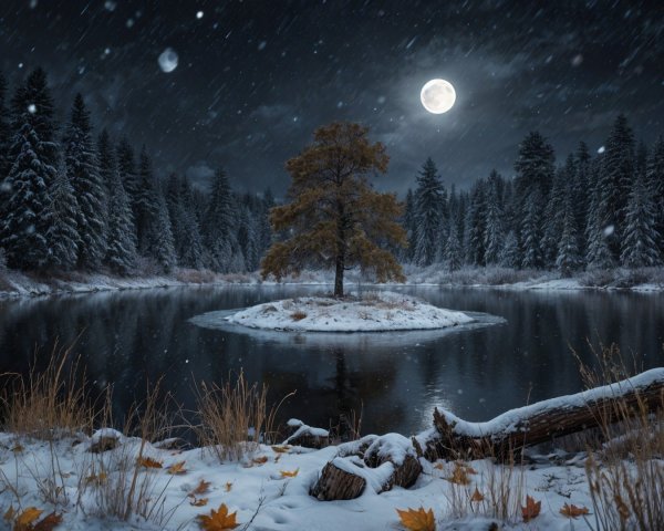 Winter Landscape with Tree, Lake, and Moonlight