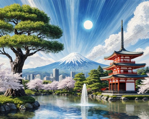 Traditional Japanese Pagoda by Tranquil Pond and Fuji