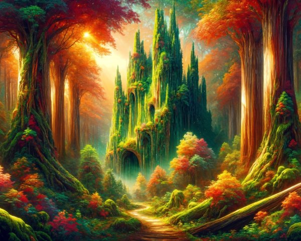 Mystical Forest with Autumn Foliage and Castle
