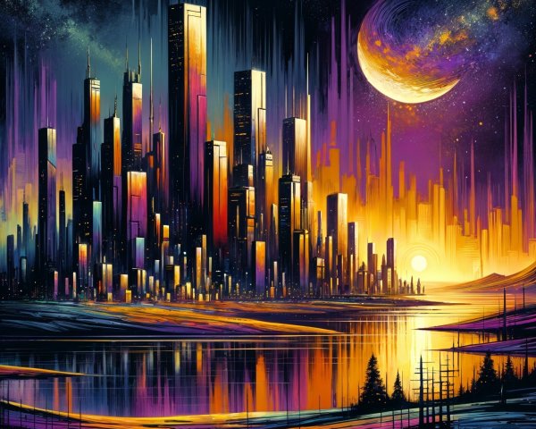 Futuristic Skyline with Neon Colors and Cosmic Sky