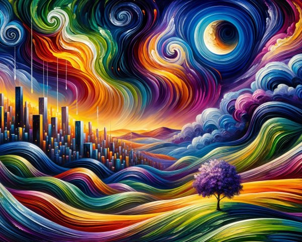 Vibrant Landscape with Colorful Hills and City Skyline