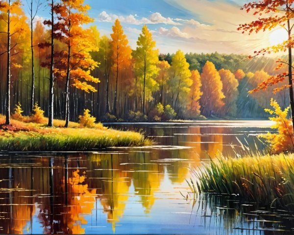 Autumn Landscape with Tranquil Lake and Vibrant Colors