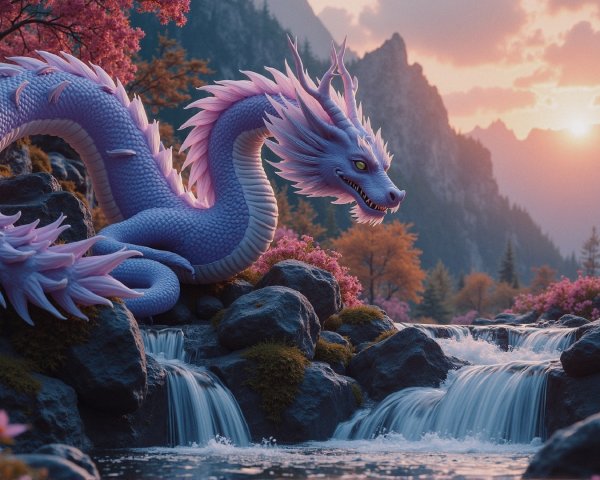 Majestic dragon by serene waterfall and pink trees