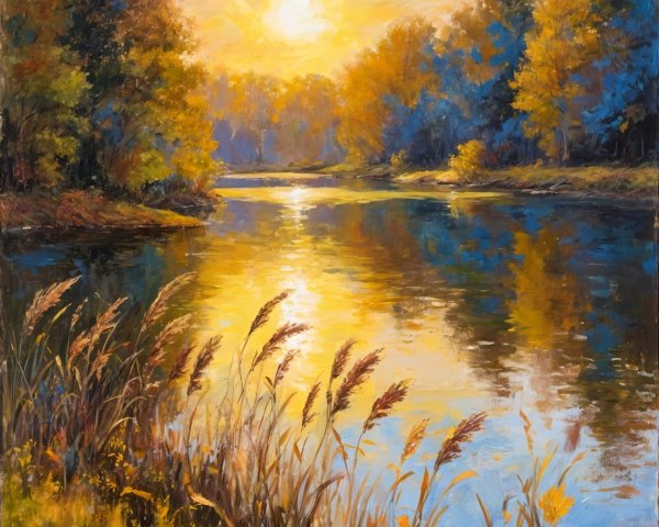 Tranquil River Landscape at Sunrise with Autumn Foliage