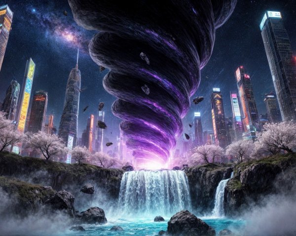 Surreal Landscape with Tornado and Futuristic City