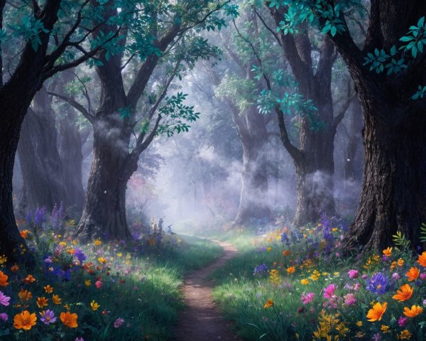 Serene forest scene with tall trees and wildflowers