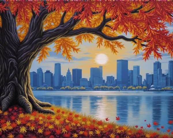 Autumn Scene with Colorful Leaves and City Skyline