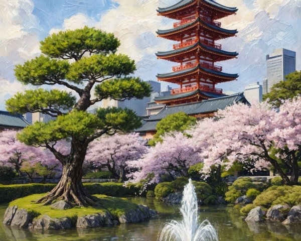 Serene Landscape with Pagoda and Cherry Blossoms