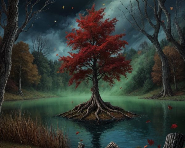 Red Maple Tree on Foggy Lake Under Blood Moon