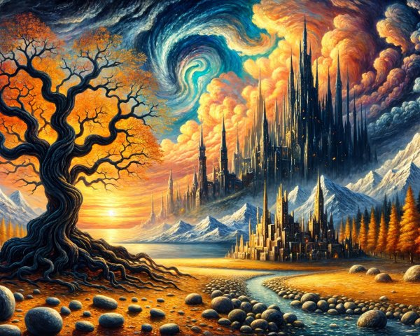 Surreal Landscape with Twisted Tree and Mountains