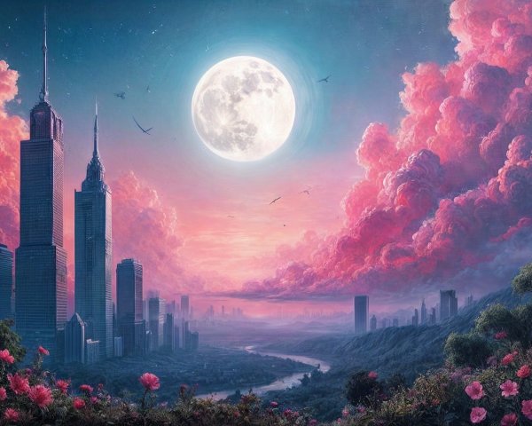 Cityscape at Dusk with Skyscrapers and River景