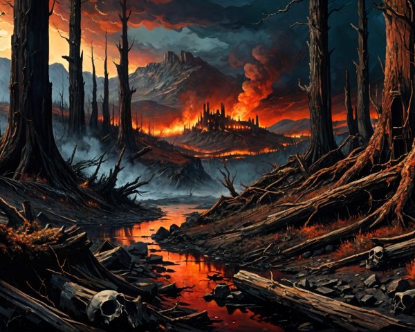 Post-Apocalyptic Landscape with Charred Trees and Ruins
