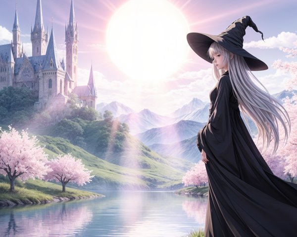 Mystical Landscape with Castle and Cherry Blossoms
