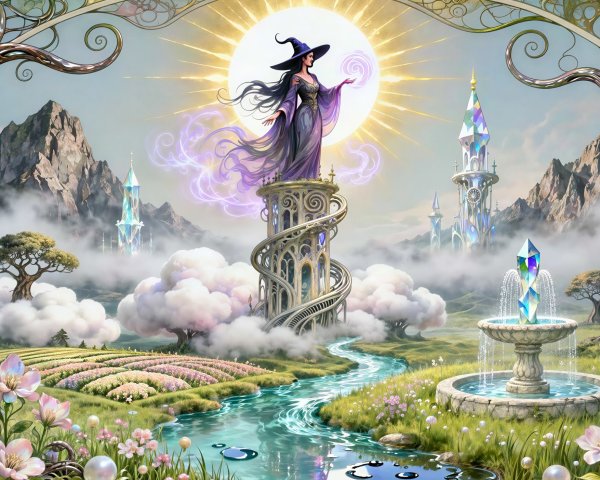 Mystical Landscape with Witch and Spiral Tower Elements