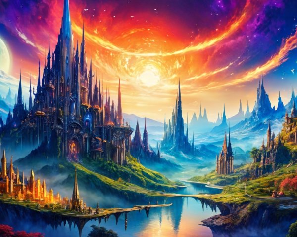 Ornate Castles in a Fantasy Landscape at Sunset