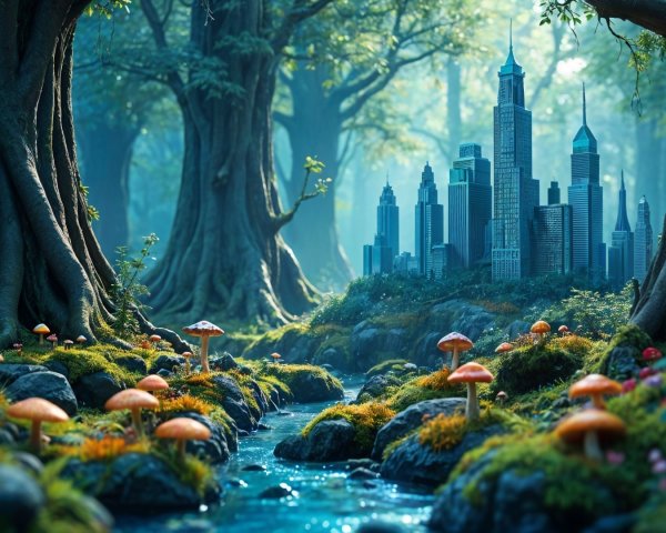 Whimsical Nature and Urban Life Scene with Miniature City