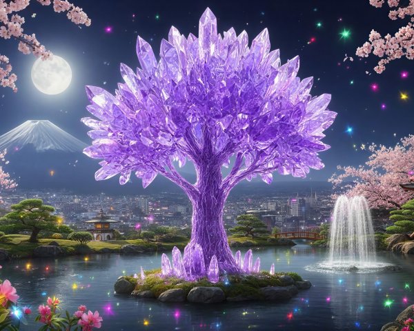 Glowing Crystalline Tree in Japanese Garden at Night