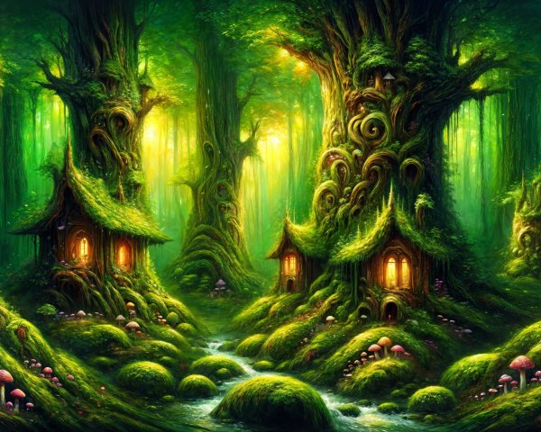 Magical forest with whimsical trees and cottages