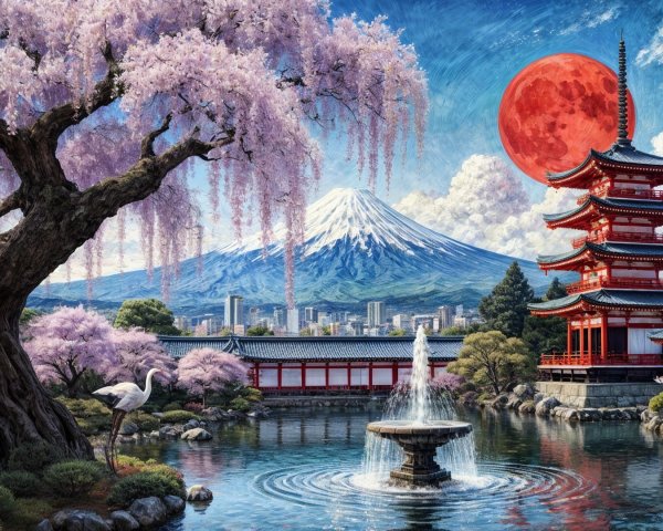 Traditional Japanese Landscape with Pagoda and Cherry Blossoms