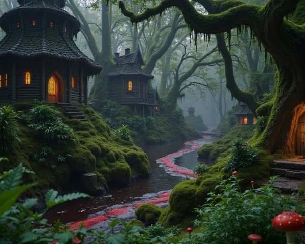 Mystical Forest with Charming Wooden Houses and Stream