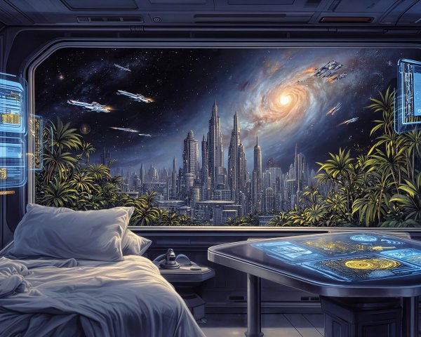 Futuristic cityscape at night with digital displays