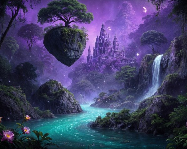 Mystical Landscape with Castle and Starry Sky
