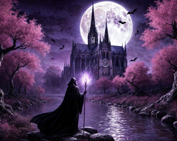 Gothic Cathedral Scene Under Full Moon with River
