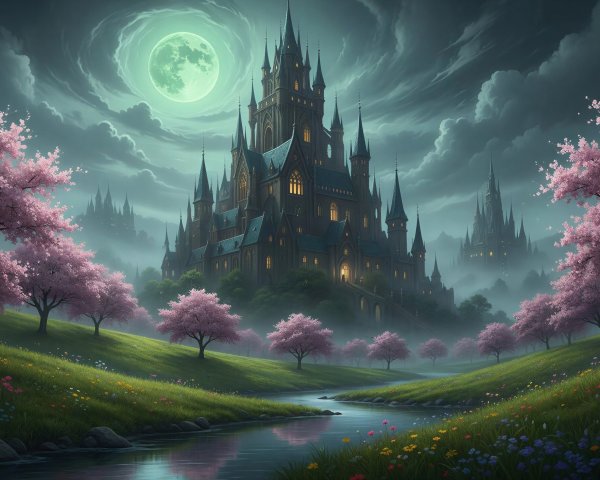 Victorian Gothic Castle in Nocturnal Landscape Scene