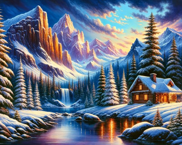 Winter Landscape with Cabin and Snowy Mountains