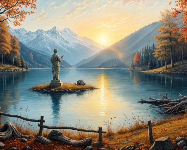 Tranquil Lake Surrounded by Majestic Mountains and Foliage