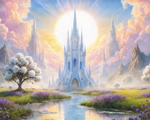 Majestic castle in a vibrant floral landscape