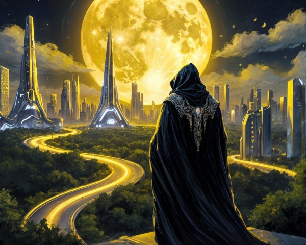 Cloaked Figure Overlooking Futuristic City at Night