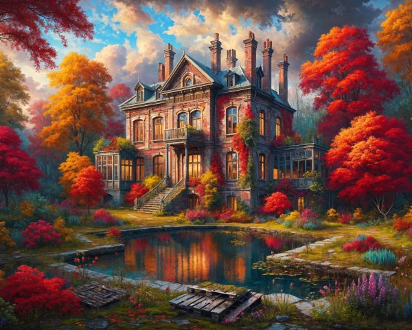 Victorian Mansion in Vibrant Autumn Landscape