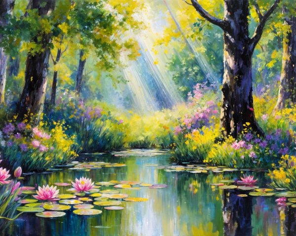 Vibrant Forest Landscape with Tranquil Pond and Wildflowers