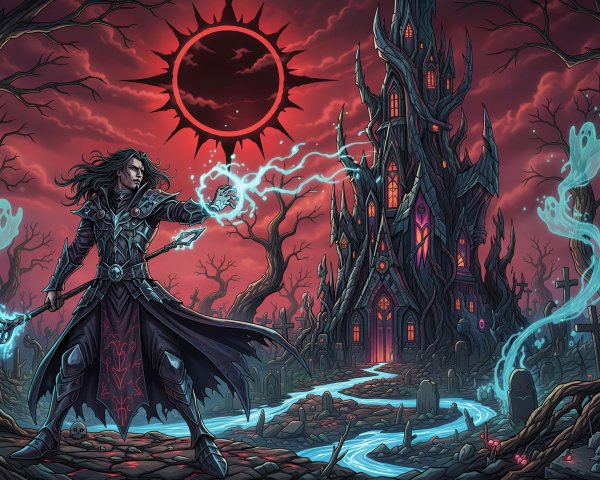 Dark Fantasy Scene with Sorcerer in Graveyard