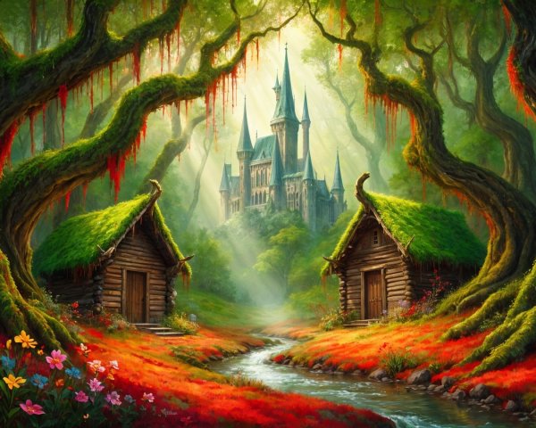 Mystical Forest with Cozy Cabins and Majestic Castle