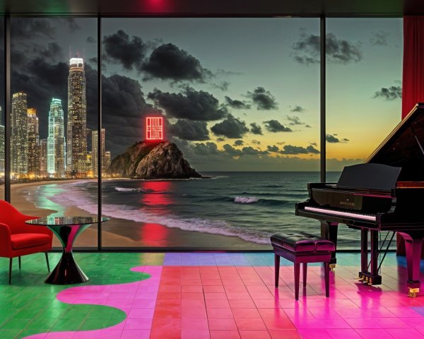 Luxury Interior with Grand Piano and City Skyline View